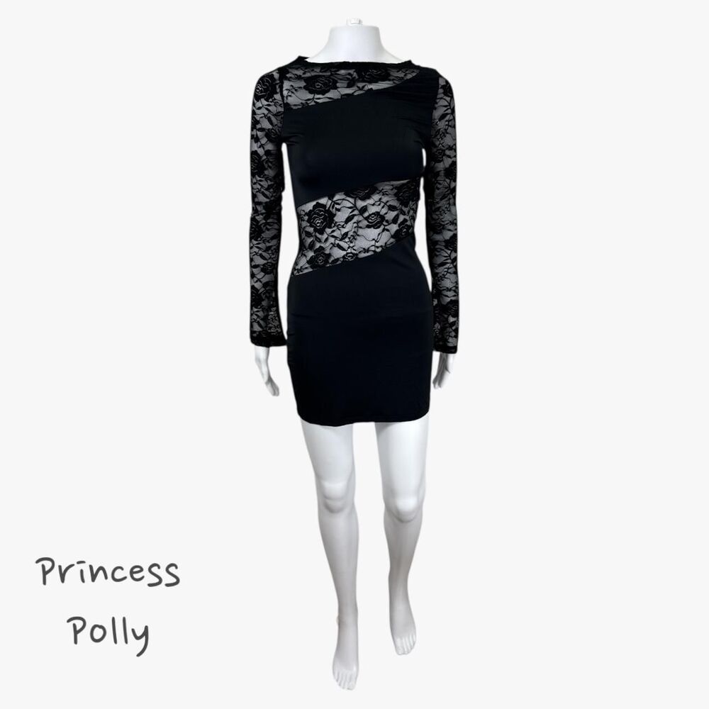 Princess Polly Women's Floral Lace Long Sleeve Mini Dress in Black Size 4 Party